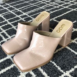 EGO square toe mule Nude heels in Croc print